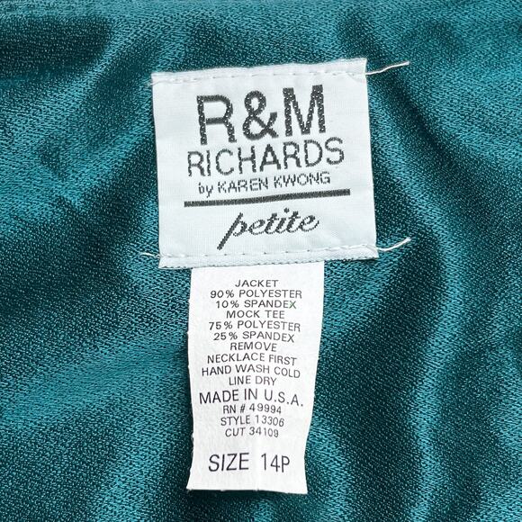 Vintage 90s R&M Richards Karen Kwong Teal Abstract Glitter Open Front Jacket - Picture 4 of 7